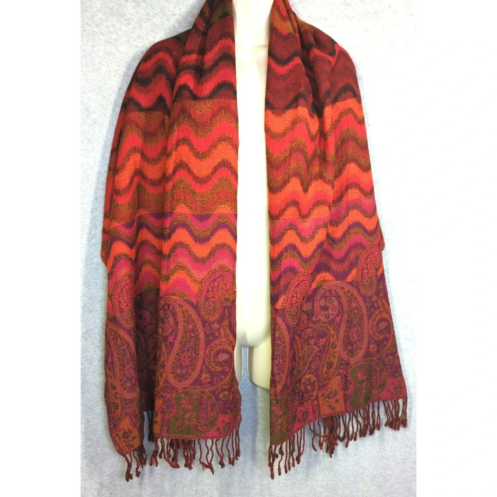 CODELLO 100% Wool Scarf Wrap  Abstract Paisley 68x26 Stunner Colors Chic Boho
